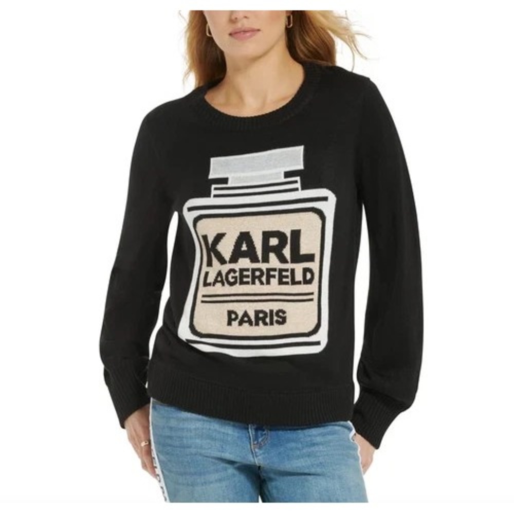 KARL LAGERFELD PARIS Women Black Perfume Bottle Sweater Size S NWT